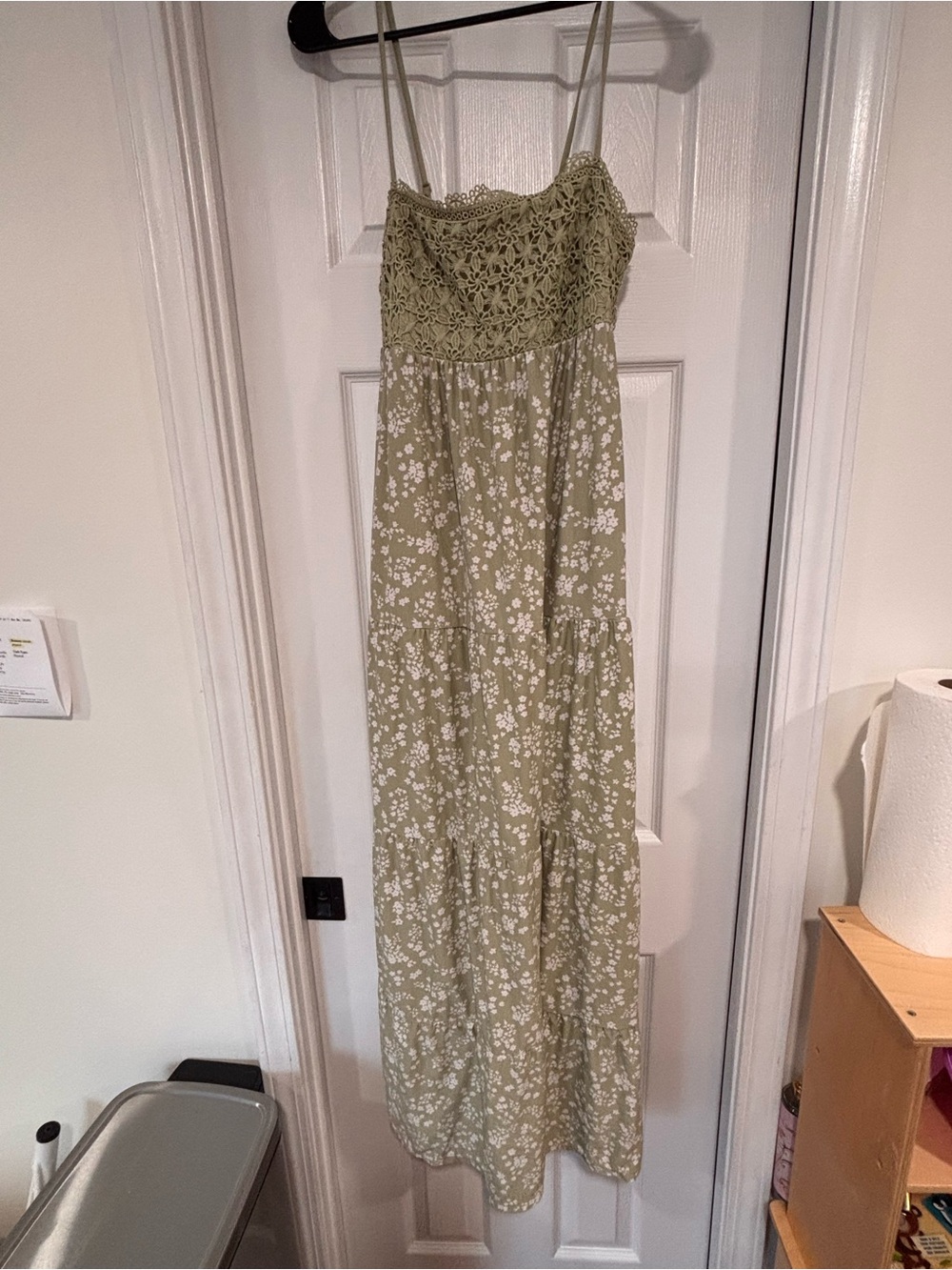 No Boundaries Olive Green Floral Crochet Bodice Maxi Dress